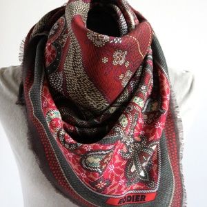 RODIER 100% Wool Shawl MADE IN ITALY Checker Paisley brown olive motif